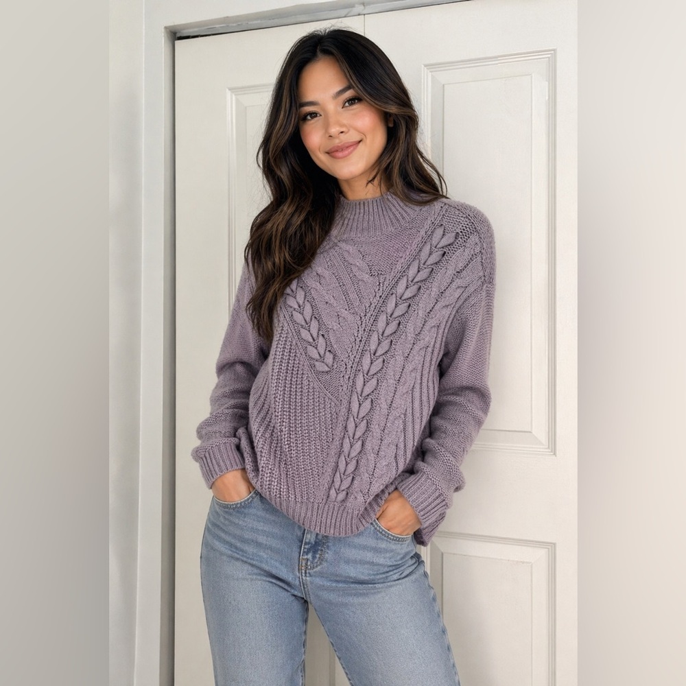 Simply Vera Vera Wang PS Lavender Cable Knit Mock Neck Sweater Petite Small